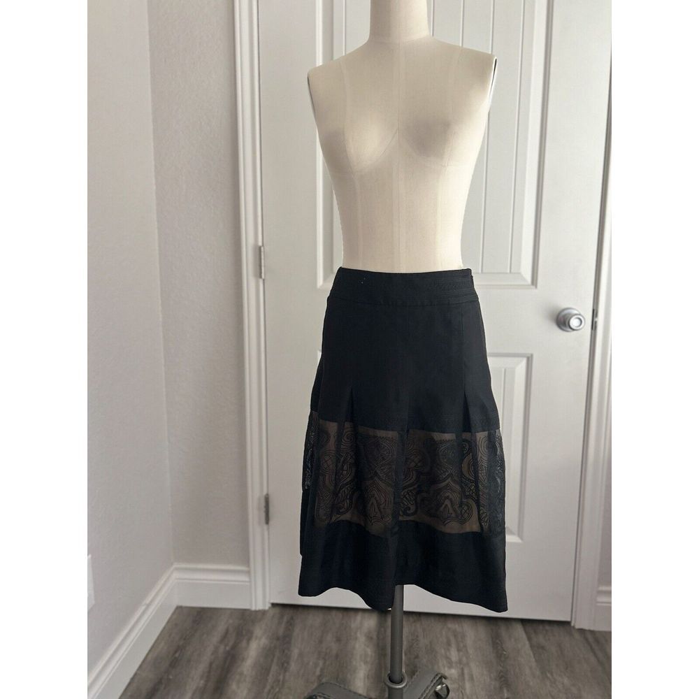 Etcetera Black Silk Sheer Pleated Embroidered Skirt Size 0‎
